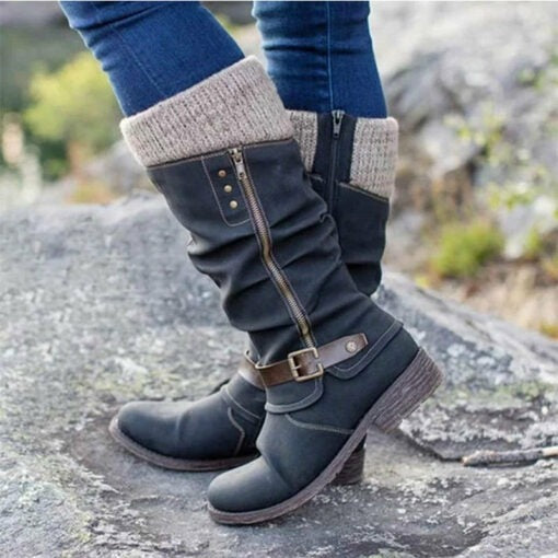 Rave | Flache Damen Lederstiefel mit mittlerem Absatz und Reißverschluss