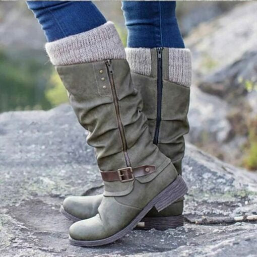 Rave | Flache Damen Lederstiefel mit mittlerem Absatz und Reißverschluss